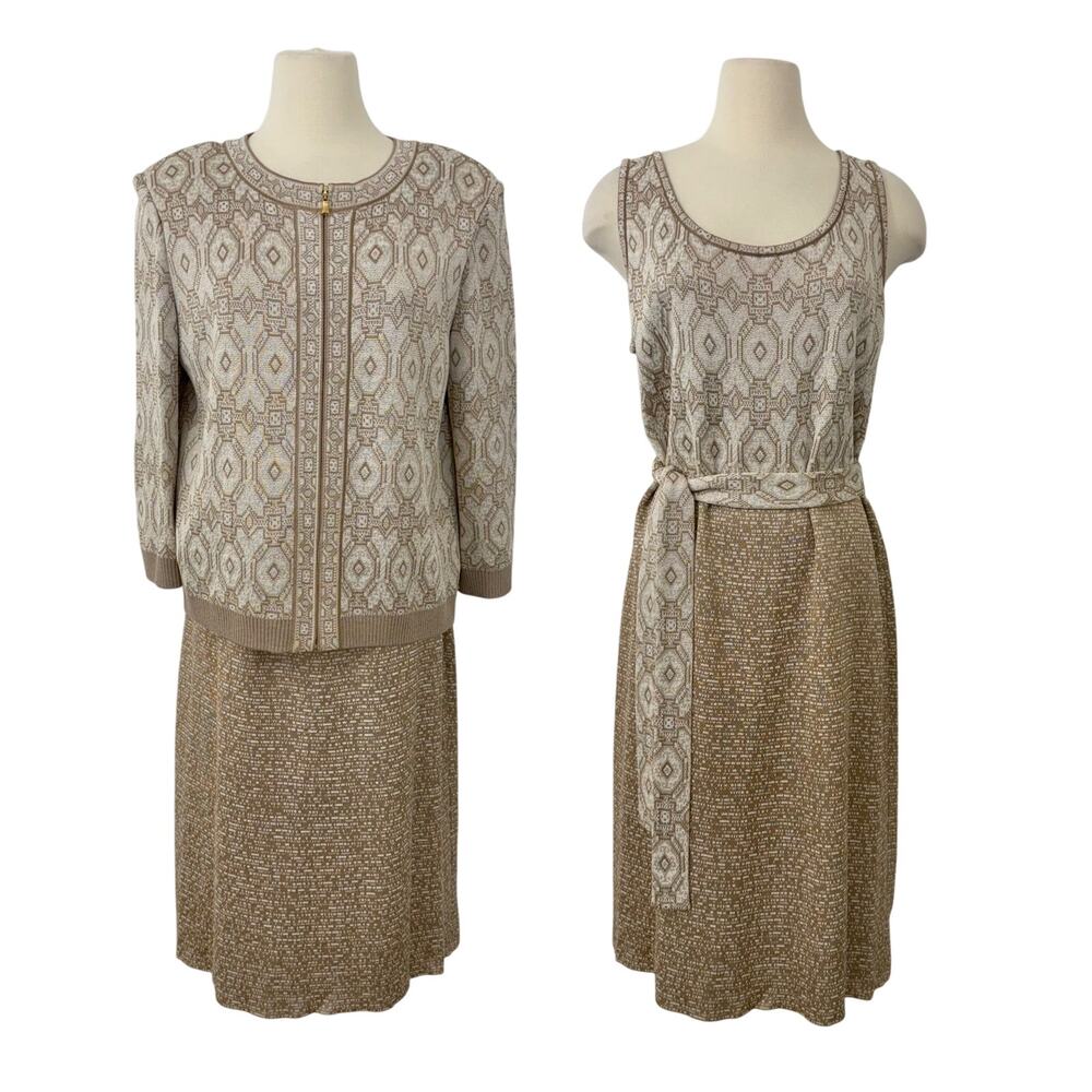 St. John Knit Dress and Cardigan Sweater 2-Pc Set Geometric Tan/Cream (12 and L)